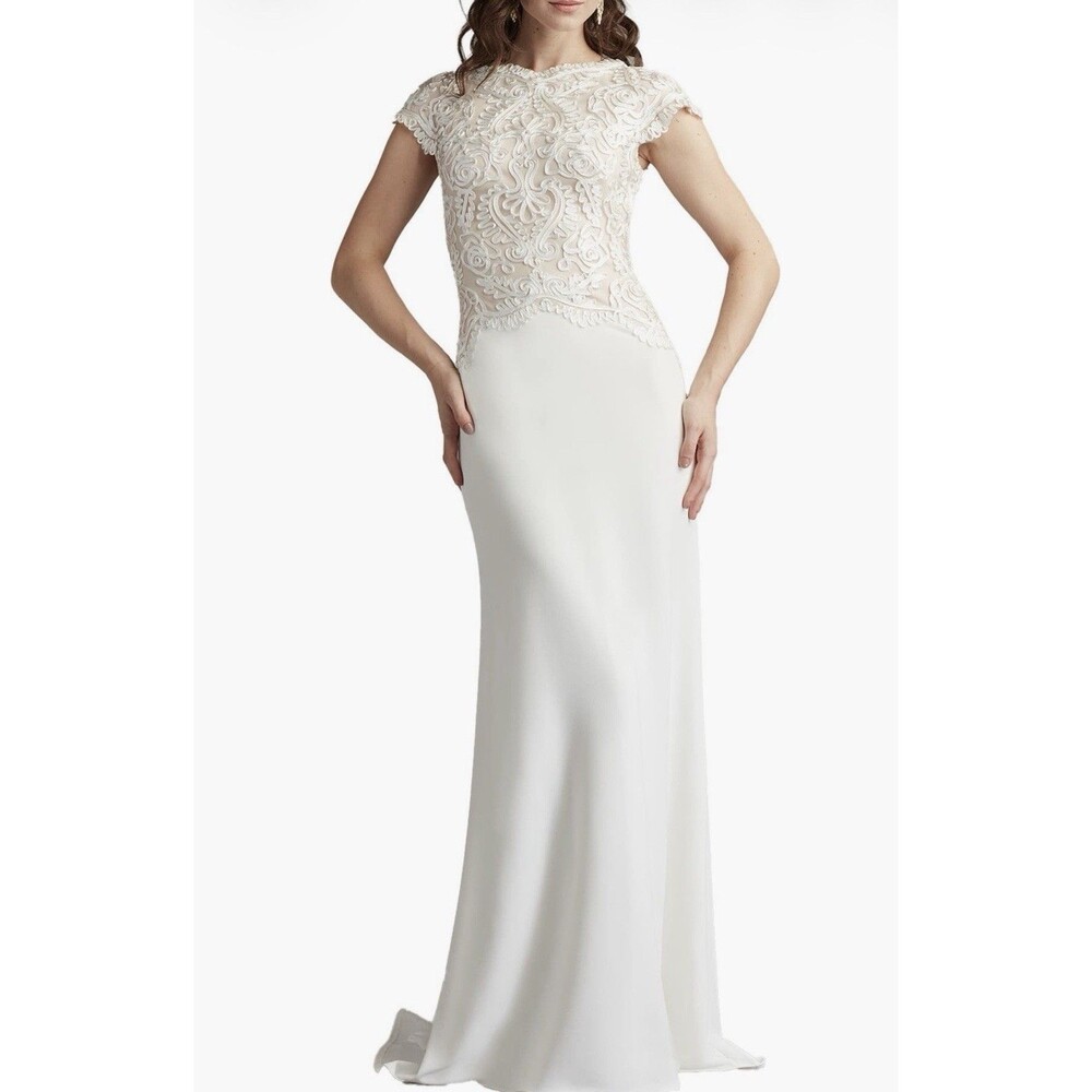 Tadashi Shoji Soutache Lace Cap Sleeve Trumpet White Gown Women’s Size 14